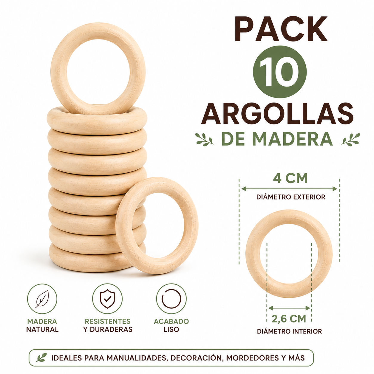 Pack de 10 argollas de madera natural para manualidades