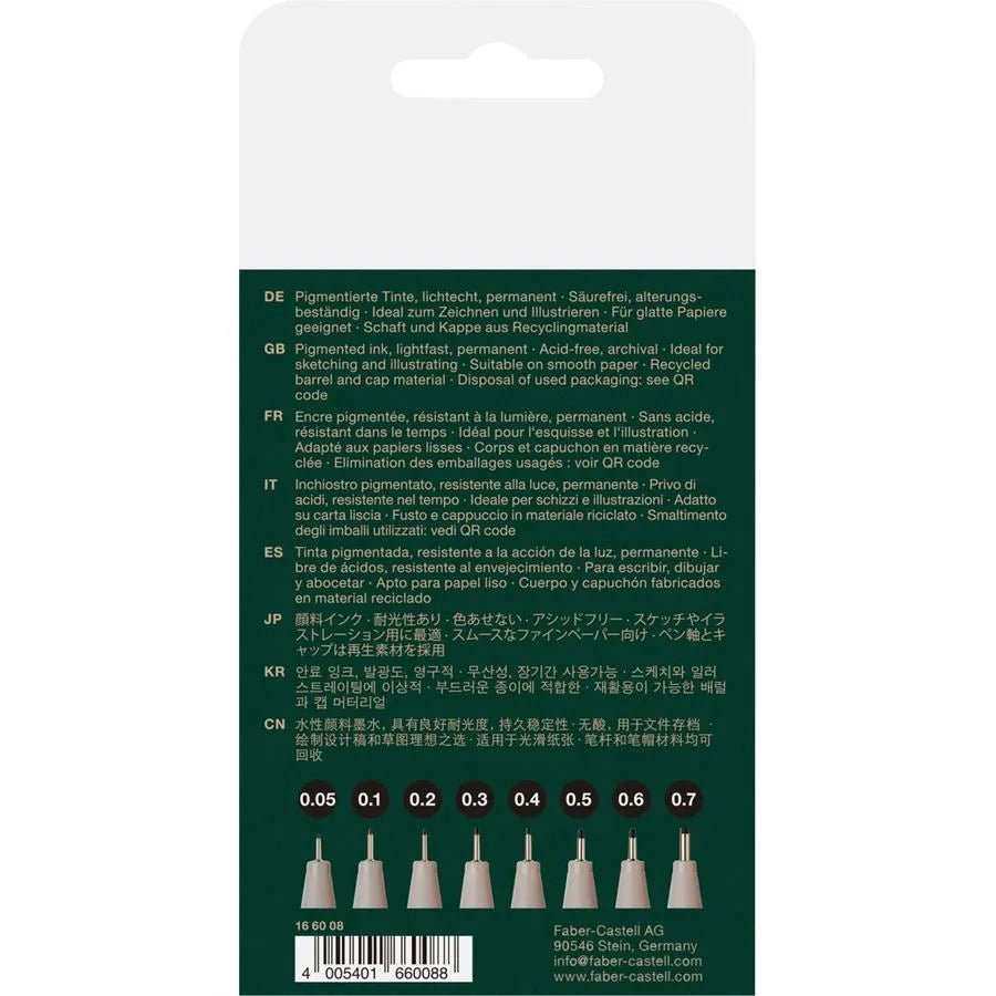 Set 8 Tiralíneas Calibrados Ecco Pigment 0.05 a 0.7mm Faber Castell - Baúl de Ayün
