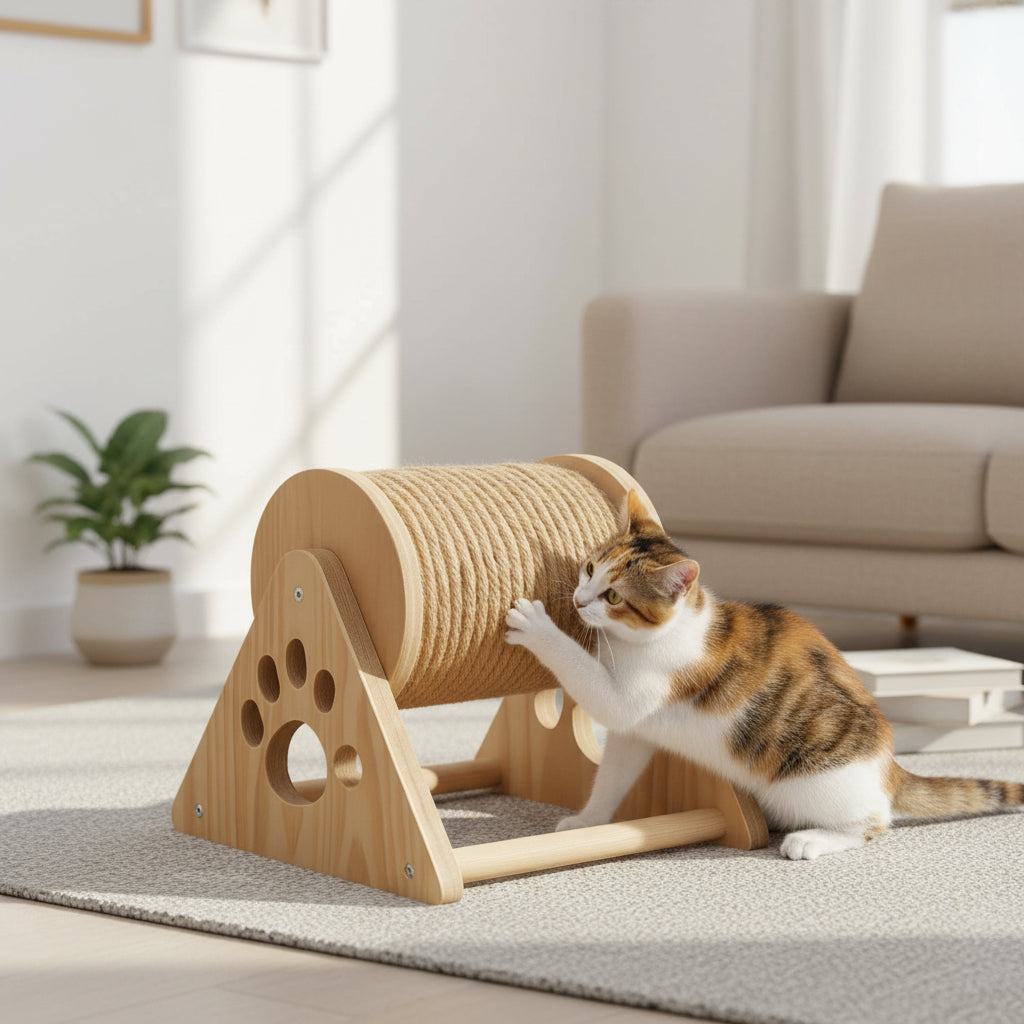 Rascador Rodillo Giratorio Para Gato Con Base De Madera