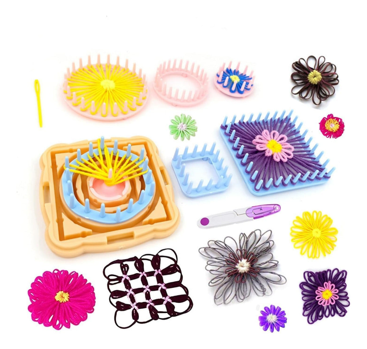 Set Telares Para Hacer Flores Tejidas Y 4 Pomponeras